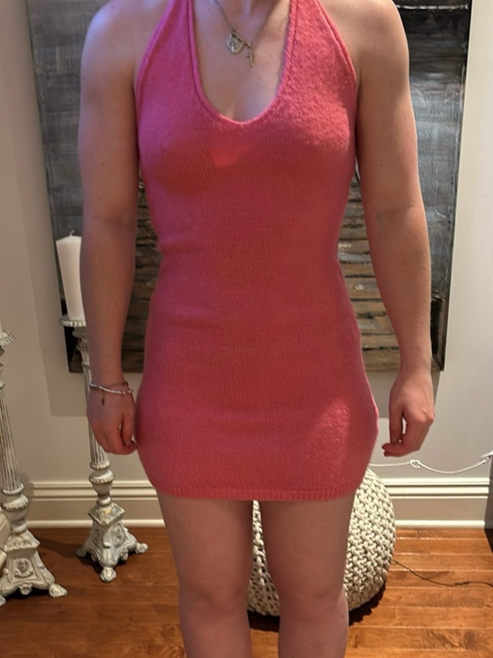 Slim Fit Halter Knit Mini Dress in Coral Pink